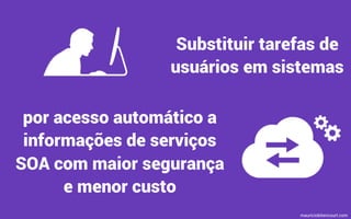 Substituir tarefas de
usuários em sistemas
por acesso automático a
informações de serviços
SOA com maior segurança
e menor custo
mauriciobitencourt.com
 