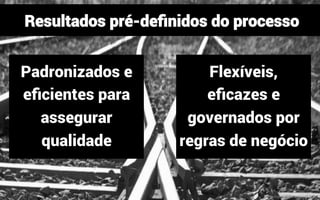 Flexíveis,
eﬁcazes e
governados por
regras de negócio
Padronizados e
eﬁcientes para
assegurar
qualidade
Resultados pré-deﬁnidos do processo
mauriciobitencourt.com
 