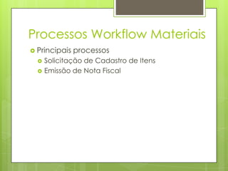 Processos Workflow Materiais
 Principais processos
 Solicitação de Cadastro de Itens
 Emissão de Nota Fiscal
 