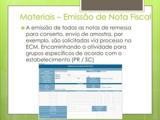 Materiais – Emissão de Nota Fiscal
 A emissão de todas as notas de remessa
para conserto, envio de amostra, por
exemplo, são solicitadas via processo no
ECM. Encaminhando a atividade para
grupos específicos de acordo com o
estabelecimento (PR / SC)
 