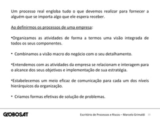 10Escritório de Processos e Riscos – Marcelo Grimaldi
Um processo real engloba tudo o que devemos realizar para fornecer a
alguém que se importa algo que ele espera receber.
Ao definirmos os processos de uma empresa:
•Organizamos as atividades de forma a termos uma visão integrada de
todos os seus componentes.
• Combinamos a visão macro do negócio com o seu detalhamento.
•Entendemos com as atividades da empresa se relacionam e interagem para
o alcance dos seus objetivos e implementação de sua estratégia.
•Estabelecemos um meio eficaz de comunicação para cada um dos níveis
hierárquicos da organização.
• Criamos formas efetivas de solução de problemas.
 