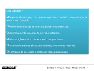 15Escritório de Processos e Riscos – Marcelo Grimaldi
E na Globosat?
Empresa de serviços com muitos processos paralelos necessitando de
melhor sincronização.
Melhor comunicação entre os envolvidos nos processos.
 Aprimoramento do conceito de visão sistêmica.
 Mensuração e maior conhecimento dos processos.
 Alcance de maiores eficácia e eficiência, tendo como medi-las.
 Formação de base para a gestão de riscos operacionais.
 