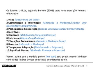 26Escritório de Processos e Riscos – Marcelo Grimaldi
Os fatores críticos, segundo Burlton (2001), para uma transição humana
efetiva são:
1.Visão (Elaborando um Visão)
2.Comunicação e Informação (Liderando a Mudança/Criando uma
Necessidade Compartilhada)
3.Participação e Colaboração (Criando uma Necessidade Compartilhada)
4.Incentivos
5.Confiança (Mobilizando Comprometimento)
6.Liderança (Liderando a Mudança)
7.Educação e Treinamento (Fazendo a Mudança Durar)
8.Recursos (Liderando a Mudança)
9.Tempo para Adaptação (Monitorando o Progresso)
10.Faça Você Mesmo (Mudando Sistemas e Processos)
Vemos acima que o modelo prévio (em azul) está praticamente alinhado
com os dez fatores críticos de sucesso enumerados acima.
 