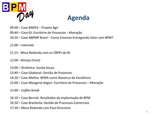 4
Agenda
09:00 – Case BNDES – Projeto Agir
09:40 – Case Oi: Escritório de Processos - Alteração
10:20 – Case ABPMP Brasil – Como Estamos Entregando Valor com BPM?
11:00 – Intervalo
11:15 - Mesa Redonda com os CBPPs do RJ
12:00 - Almoço (livre)
13:00 – Dinâmica: Vanda Souza
13:40 – Case Globosat: Gestão de Processos
14:20 – Case Mellita: BPMS como Alavanca de Excelência
15:00 – Case Mongeral Aegon: Escritório de Processos – Alteração
15:40 – Coffee-break
16:10 – Case Bernek: Resultados da Implantação de BPM
16:50 – Case Brasfanta: Gestão de Processos Comerciais
17:30 – Mesa Redonda com Paul Dinsmore
 