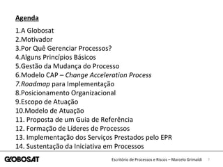 7Escritório de Processos e Riscos – Marcelo Grimaldi
Agenda
1.A Globosat
2.Motivador
3.Por Quê Gerenciar Processos?
4.Alguns Princípios Básicos
5.Gestão da Mudança do Processo
6.Modelo CAP – Change Acceleration Process
7.Roadmap para Implementação
8.Posicionamento Organizacional
9.Escopo de Atuação
10.Modelo de Atuação
11. Proposta de um Guia de Referência
12. Formação de Líderes de Processos
13. Implementação dos Serviços Prestados pelo EPR
14. Sustentação da Iniciativa em Processos
 