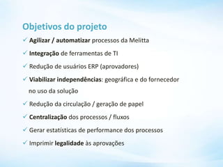 Objetivos do projeto
 Agilizar / automatizar processos da Melitta
 Integração de ferramentas de TI
 Redução de usuários ERP (aprovadores)
 Viabilizar independências: geográfica e do fornecedor
no uso da solução
 Redução da circulação / geração de papel
 Centralização dos processos / fluxos
 Gerar estatísticas de performance dos processos
 Imprimir legalidade às aprovações
 
