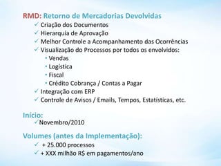 RMD: Retorno de Mercadorias Devolvidas
 Criação dos Documentos
 Hierarquia de Aprovação
 Melhor Controle a Acompanhamento das Ocorrências
 Visualização do Processos por todos os envolvidos:
• Vendas
• Logística
• Fiscal
• Crédito Cobrança / Contas a Pagar
 Integração com ERP
 Controle de Avisos / Emails, Tempos, Estatísticas, etc.
Início:
Novembro/2010
Volumes (antes da Implementação):
 + 25.000 processos
 + XXX milhão R$ em pagamentos/ano
 