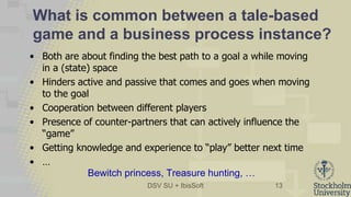 DSV SU + IbisSoft
What is common between a tale-based
game and a business process instance?
• Both are about finding the best path to a goal a while moving
in a (state) space
• Hinders active and passive that comes and goes when moving
to the goal
• Cooperation between different players
• Presence of counter-partners that can actively influence the
“game”
• Getting knowledge and experience to “play” better next time
• …
13
Bewitch princess, Treasure hunting, …
 