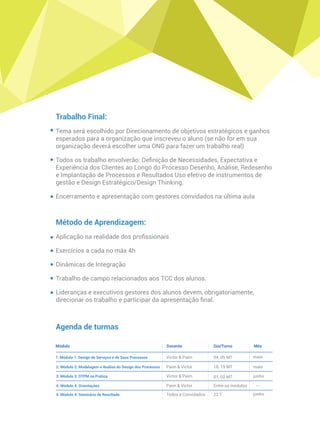 Trabalho Final:
Tema será escolhido por Direcionamento de objetivos estratégicos e ganhos
esperados para a organização que inscreveu o aluno (se não for em sua
organização deverá escolher uma ONG para fazer um trabalho real)
Todos os trabalho envolverão: Deﬁnição de Necessidades, Expectativa e
Experiência dos Clientes ao Longo do Processo Desenho, Análise, Redesenho
e Implantação de Processos e Resultados Uso efetivo de instrumentos de
gestão e Design Estratégico/Design Thinking.
Encerramento e apresentação com gestores convidados na última aula
Método de Aprendizagem:
Aplicação na realidade dos proﬁssionais
Exercícios a cada no máx 4h
Dinâmicas de Integração
Trabalho de campo relacionados aos TCC dos alunos.
Lideranças e executivos gestores dos alunos devem, obrigatoriamente,
direcionar os trabalho e participar da apresentação ﬁnal.
Módulo Dia/TurnoDocente
1: Módulo 1: Design de Serviços e de Seus Processos
Mês
2: Módulo 2: Modelagem e Análise do Design dos Processos
3: Módulo 3: DTPM na Prática
4: Módulo 4: Orientações
4: Módulo 4: Seminário de Resultado
Victor & Paim
Paim & Ricardo
Ricardo & Paim
Paim & Victor
Instrutores, Alunos e
Convidados
14, 15 MT
28, 29 MT
18, 19 MT
Entre os módulos
10 T
Setembro
Setembro
Outubro
--
Novembro
Agenda de turmas
 