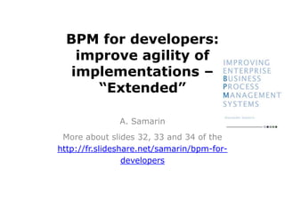 BPM for developers:
improve agility of
implementations –
“Extended”
A. Samarin
More about slides 32, 33 and 34 of the
http://fr.slideshare.net/samarin/bpm-for-
developers
 