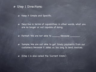 Step 1 Directions:

   Keep it Simple and Speciﬁc.


   Describe in terms of capabilities; in other words, what you
   are no longer or not capable of doing.


   Format: We are not able to _____ because ______.


   Sample: We are not able to get timely payments from our
   customers because it takes us too long to send invoices.


   (Step 1 is also called the ‘Current State’)
 