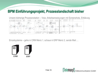 Unsere bisherige Prozessnotation – Visio, Arbeitsanweisungen mit Screenshots, Erklärung
Einzelsysteme – gehe in CRM Menü 1, schaue in ERP Menü 2, sende Mail….
BPM Einführungsprojekt, Prozesslandschaft bisher
ERPCRM
Folie 16
 