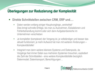  Direkte Schnittstellen zwischen CRM, ERP und….
• Daten werden entlang einiger Hauptvorgänge „verdrahtet“
Dies bringt schnelle Erfolge, bis man zu Ausnahmen, Eskalationen und
Fehlerbehandlung kommt oder sich dann Aufgabenbereiche im
Unternehmen verschieben
• Je kompletter (komplexer) der Vorgang ist, je vollständiger und besser das
aktuell funktioniert, je mehr Aufwand hat man mit weiteren Änderungen –
Komplexitätsfalle!
• Integriert man dann weitere kleinere Systeme und Datenpools, da
Vorgänge fast immer Daten aus mehreren Systemen brauchen, explodiert
die Zahl der Schnittstellen - eine weitere Komplexitätsfalle bezüglich
Datenmodel, Datentransport, Berechtigungen…
Überlegungen zur Reduzierung der Komplexität
Folie 6
 