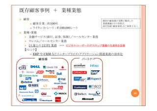 既存顧客事例 ＋ 業種業態
顧客                                     個別の顧客様が実際に解決した
     顧客企業 : 約100社                      業務課題とその効果は、
                                       添付別紙「顧客事例」をご参照下さい。
     ライセンス・シート : 約100,000シート
業種・業態
  金融サービス（銀行、証券、保険）／コールセンター業務
  テレコム／コールセンター業務
  [大量 ] の [定形] 業務 ・・・ ビジネス・ユーザーのデスクトップ業務の生産性を改善
                      ビジネス・ユーザーのデスクトップ業務 生産性を
                                      業務の
【トレンド】
    ERP や CRM などエンタープライズ・アプリケーション関連業務の効率化
       顧客様                     パートナー




                                                      10
 
