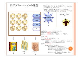 旧アプリケーションの課題                        「現在お使いの、一番古い業務アプリケーションは、
                                     いつ作成したものですか？
                                     5年前、10年前の鄙びたアプリケーションを、
                                     今でも現役で使い続けているのではないですか？

                                                       他社製ソフトウェア
                                                       他社製ソフトウェア
                           API                             ⑥
                                     CONNECTORs

                           API


                           API
                                         ⑤

                            ④

                                  (1) そもそもソースコードが行方不明です！
                                  (2) そもそも仕様書が行方不明です！
                                  (3) （そもそも開発者が行方不明です。） ← “落ち”

                                  (4) No APIs
                                         “旧”式であり、API も不十分
                                  (5) No Connectors
                                         自家製なので、インテグレーションを生業とする他社から
                                         外部連携モジュールも提供されていない。
                                  (6) Not on my own
                                         他社製ソフトウェアであるため
                                              使用許諾権だけで、所有権はない。
                                              他社製であり、修正する権利を有さない。
                                              最新版にアップグレードすれば対応している
                                                                   3
               3
                                                      と売り込まれる。
ソースコード   仕様書       エンジニア
                   a.k.a legend
                                              最新のオプション別製品ならば、対応している
   ①      ②                                           と売り込まれる。
                         ③
 