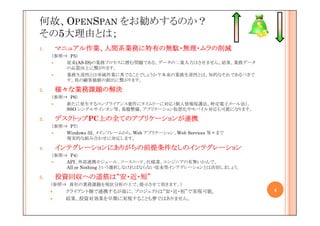 何故、OPENSPAN をお勧めするのか？
その5大理由とは；
1.    マニュアル作業、人間系業務に特有の無駄・無理・ムラの削減
      マニュアル作業、人間系業務に特有の無駄・無理・ムラの削減
           作業               ・ムラの
     （参照⇒ P5）
         従来(AS-IS)の業務プロセスに潜む問題である、データの二重入力はさせません。結果、業務データ
         の品質向上に繋がります。
         業務生産性とは単純作業に秀でることでしょうか？本来の業務生産性とは、知的なそれであるべきで
         す。真の顧客価値の創出に繋がります。

2.    様々な業務課題の解決
         業務課題の
     （参照⇒ P6）
         新たに発生するコンプライアンス要件にタイムリーに対応（個人情報保護法、特定電子メール法）。
         SSO シングルサインオン等、基盤整備。アプリケーション仮想化やモバイル対応も可能になります。

3.    デスクトップPC上の全てのアプリケーションが連携
      デスクトップ  上  てのアプリケーションが連携
     （参照⇒ P7）
         Windows 32、メインフレームから、Web アプリケーション、Web Services 等々まで
         現実的な組み合わせに対応します。

4.    インテグレーションにありがちの前提条件なしのインテグレーション
      インテグレーションにありがちの前提条件なしのインテグレーション
                     前提条件
     （参照⇒ P4）
         API、外部連携モジュール、ソースコード、仕様書、エンジニアの有無いかんで、
         All or Nothing という選択しなければならない従来型インテグレーションとは決別しましょう。

5.    投資回収への道筋は
      投資回収への道筋は“安・近・短”
          への道筋
     （参照⇒ 貴社の業務課題を現状分析の上で、提示させて頂きます。）
         クライアント側で連携するが故に、プロジェクトは“安・近・短”で実現可能。                  4
         結果、投資対効果を早期に実現することも夢ではありません。
 