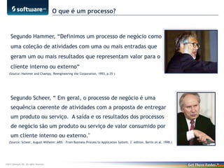 O que é um processo?

Segundo Hammer, “Definimos um processo de negócio como
uma coleção de atividades com uma ou mais entradas que
geram um ou mais resultados que representam valor para o
cliente interno ou externo“
(Source: Hammer and Champy, Reengineering the Corporation, 1993, p.35 )

Segundo Scheer, “ Em geral, o processo de negócio é uma
sequência coerente de atividades com a proposta de entregar
um produto ou serviço. A saída e os resultados dos processos
de negócio são um produto ou serviço de valor consumido por
um cliente interno ou externo."
(Source: Scheer, August-Wilhelm: ARIS – From Business Process to Application System. 3. edition, Berlin et al. 1998.)

©2013 Software AG. All rights reserved.

 