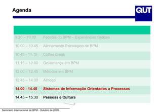 Agenda




           9.30 – 10.00           Facetas do BPM – Experiências Globais

           10.00 – 10.45          Alinhamento Estratégico de BPM

           10.45 - 11.15          Coffee Break

           11.15 – 12.00          Governança em BPM

           12.00 – 12.45          Métodos em BPM

           12.45 – 14.00          Almoço

           14.00 - 14.45          Sistemas de Informação Orientados a Processos

           14.45 – 15.30          Pessoas e Cultura


Seminário Internacional de BPM - Outubro de 2009
 
