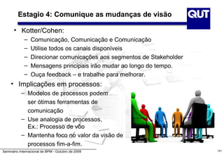 Estagio 4: Comunique as mudanças de visão

      • Kotter/Cohen:
             –   Comunicação, Comunicação e Comunicação
             –   Utilise todos os canais disponíveis
             –   Direcionar comunicações aos segmentos de Stakeholder
             –   Mensagens principais irão mudar ao longo do tempo.
             –   Ouça feedback – e trabalhe para melhorar.
     • Implicações em processos:
           – Modelos de processos podem
             ser ótimas ferramentas de
             comunicação
           – Use analogia de processos,
             Ex.: Processo de vôo
           – Mantenha foco no valor da visão de
             processos fim-a-fim.
Seminário Internacional de BPM - Outubro de 2009                        161
 