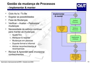 Gestão da mudança de Processos
          - Implementar & manter

      •    Ciclo As Is / To Be                     Implementar
      •    Esgotar as possibilidades                 & manter

      •    Fase de Mudanças                                             Analisar
                                                                       Processos
      •    Verificar – Avaliar – Padronizar
           mudanças                                     Consolidar
                                                        melhorias e    Melhorar
      •    Necessidade de esforço continuo               encontrar
                                                           novas       Processos
                                                            #7
           para manter as mudanças
            –   Ajuste fino
            –   Mensurar & reportar                                   Implementar
                                                                       mudanças
            –   Mudanças em pessoas
            –   Suporte formal e informal
            –   Alinhar reconhecimentos e
                recompensas
      •    Revisar & Aprender para imcorporar
           conhecimentos                                               Garantir que
                                                                       as mudanças
                                                                      estão inseridas
                                                                        na cultura
                                                                            #8
Seminário Internacional de BPM - Outubro de 2009                                        169
 