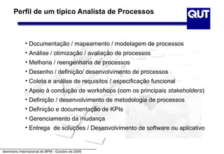 Perfil de um típico Analista de Processos



             • Documentação / mapeamento / modelagem de processos
             • Análise / otimização / avaliação de processos
             • Melhoria / reengenharia de processos
             • Desenho / definição/ desenvolvimento de processos
             • Coleta e análise de requisitos / especificação funcional
             • Apoio à condução de workshops (com os principais stakeholders)
             • Definição / desenvolvimento de metodologia de processos
             • Definição e documentação de KPIs
             • Gerenciamento da mudança
             • Entrega de soluções / Desenvolvimento de software ou aplicativo


Seminário Internacional de BPM - Outubro de 2009
 