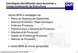 Estratégias Identificadas para Aumentar o
         Comprometimento de Executivos


             Alinhe BPM à estratégia via:
             •   Matriz de Objetivos por Stakeholder
             •   Balanced Scorecard / Mapa Estratégico
             •   Visão por Processos
             •   Princípios para o Desenho de Processos
             •   Arquitetura de Processos
             •   Gestão do Portifólio de Processos
             •   Métricas de Processos


             e venda BPM de forma apropriada.

Seminário Internacional de BPM - Outubro de 2009          28
 