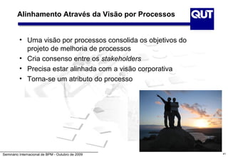 Alinhamento Através da Visão por Processos


          • Uma visão por processos consolida os objetivos do
            projeto de melhoria de processos
          • Cria consenso entre os stakeholders
          • Precisa estar alinhada com a visão corporativa
          • Torna-se um atributo do processo




Seminário Internacional de BPM - Outubro de 2009                41
 