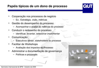 Papéis típicos de um dono de processo


          • Cooperação nos processos de negócio
                – Ex:. Estratégia, visão, métricas
          • Gestão do desempenho do processo
                – Acompanhar e avaliar as métricas do processo
          • Conduzir o redesenho do processo
                – identificar, levantar, selecionar implementar
          • Comunicação
                – Executivos sênior, stakeholders do processo
          • Facilitar de Workshops
                – Avaliação dos impactos no Processo
          • Administrar a documentação de governança
                – Políticas e processos




Seminário Internacional de BPM - Outubro de 2009                  64
 