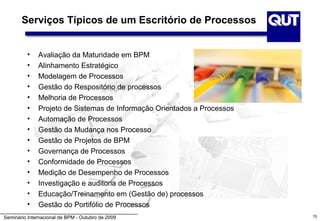 Serviços Típicos de um Escritório de Processos


          •   Avaliação da Maturidade em BPM
          •   Alinhamento Estratégico
          •   Modelagem de Processos
          •   Gestão do Respositório de processos
          •   Melhoria de Processos
          •   Projeto de Sistemas de Informação Orientados a Processos
          •   Automação de Processos
          •   Gestão da Mudança nos Processo
          •   Gestão de Projetos de BPM
          •   Governança de Processos
          •   Conformidade de Processos
          •   Medição de Desempenho de Processos
          •   Investigação e auditoria de Processos
          •   Educação/Treinamento em (Gestão de) processos
          •   Gestão do Portifólio de Processos
Seminário Internacional de BPM - Outubro de 2009                         70
 
