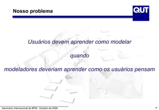Nosso problema




                      Usuários devem aprender como modelar

                                                   quando

 modeladores deveriam aprender como os usuários pensam




Seminário Internacional de BPM - Outubro de 2009             87
 