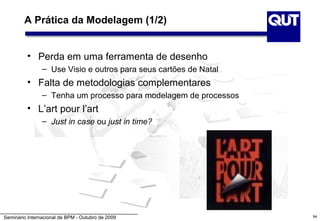 A Prática da Modelagem (1/2)


          • Perda em uma ferramenta de desenho
                – Use Visio e outros para seus cartões de Natal
          • Falta de metodologias complementares
                – Tenha um processo para modelagem de processos
          • L’art pour l’art
                – Just in case ou just in time?




Seminário Internacional de BPM - Outubro de 2009                  94
 