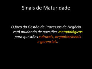 Sinais de Maturidade


O foco da Gestão de Processos de Negócio
 está mudando de questões metodológicas
  para questões culturais, organizacionais
               e gerenciais.
 