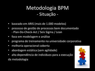 Metodologia BPM
                    - Situação -
• baseado em ARIS (mais de 1.000 modelos)
• processo de gestão de processos bem documentado
   - Plan-Do-Check-Act / Seis Sigma / Lean
• foco em modelagem e análise
• programa de treinamento na universidade corporativa
• melhoria operacional coberta
• abordagem estática (sem agilidade)
• alta dependência de indivíduos para a execução
da metodologia
 