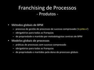 Franchising de Processos
                        - Produtos -

• Métodos globais de BPM
   – processo de gestão de processos de sucesso comprovado (‘o jeito-x’)
   – obrigatórios para todas as franquias
   – de propriedade e mantido por metodologistas centrais de BPM
• Modelos globais de processos
   – práticas de processos com sucesso comprovado
   – obrigatórios para todas as franquias
   – de propriedade e mantidos pelo dono de processos globais
 