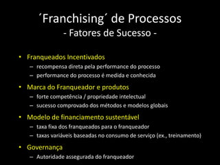 ´Franchising´ de Processos
                - Fatores de Sucesso -

• Franqueados Incentivados
   – recompensa direta pela performance do processo
   – performance do processo é medida e conhecida
• Marca do Franqueador e produtos
   – forte competência / propriedade intelectual
   – sucesso comprovado dos métodos e modelos globais
• Modelo de financiamento sustentável
   – taxa fixa dos franqueados para o franqueador
   – taxas variáveis baseadas no consumo de serviço (ex., treinamento)
• Governança
   – Autoridade assegurada do franqueador
 