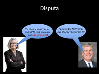 Disputa


“Eu não me importo em      “Eu acredito fortemente
onde BPM está, contando   que BPM deva estar em TI.”
   que não seja em TI!
 