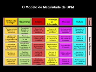 O Modelo de Maturidade de BPM




                                                                                                        Fatores
                                                     Tecnologia
Alinhamento
Estratégico
                  Governança         Métodos              de            Pessoas          Cultura
                                                     Informação

                    Tomada de
Planejamento de                      Desenho &        Desenho &       Conhecimento &    Respostas à
                    Decisão na
  Melhoria de                       Modelagem de     Modelagem de     Habilidades em    Mudança de
                    Gestão de
   Processos                         Processos        Processos         Processos        Processos
                    Processos
 Ligação entre       Papéis e
                                    Implementação    Implementação    Conhecimento        Valores &




                                                                                                        Áreas de Maturidade
  Estratégia &    Responsabilidad
                                    & Execução de    & Execução de    em Gestão de       Crenças de
Conhecimento de       es nos
                                      Processos        Processos       Processos         Processos
   Processos        Processos
                   Ligação entre
  Arquitetura                       Monitoramento    Monitoramento                       Atitudes &
                    Métricas &                                         Educação em
 Organizacional                     & Controle de    & Controle de                     Comportamento
                  Desempenho de                                         Processos
 de Processos                        Processos        Processos                        para Processos
                     Processos

                     Padrões          Melhoria &       Melhoria &                        Atenção da
  Medição de                                                          Colaboração em
                  Relacionados       Inovação de      Inovação de                      Liderança para
  Processos                                                             Processos
                  aos Processos       Processos        Processos                         Processos

                                      Gestão de        Gestão de
 Stakeholders &    Conformidade                                         Líderes da     Redes Sociais
                                     Programa de      Programa de
  Clientes dos     da Gestão de                                         Gestão de      para Gestão de
                                    Processos & de   Processos & de
   Processos        Processos                                           Processos        Processos
                                       Projetos         Projetos
 
