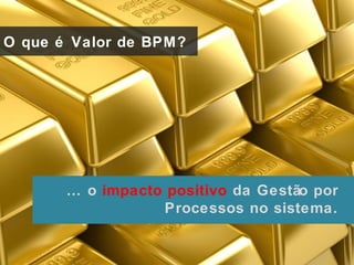 O que é Valor de BPM?




       … o impacto positivo da Gestão por
                  Processos no sistema.
 