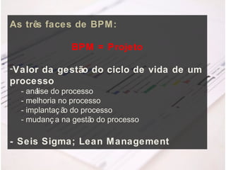 As três faces de BPM:

               BPM = Projeto

-Valor da gestão do ciclo de vida de um
processo
  - aná do processo
       lise
  - melhoria no processo
  - implantaç ã do processo
               o
  - mudanç a na gestã do processo
                      o

- Seis Sigma; Lean Management
 
