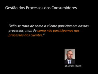Gestão dos Processos dos Consumidores



 “Não se trata de como o cliente participa em nossos
 processos, mas de como nós participamos nos
 processos dos clientes.”




                                    Chr. Potts (2010)
 