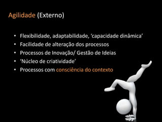 Agilidade (Externo)

 •   Flexibilidade, adaptabilidade, ‘capacidade dinâmica’
 •   Facilidade de alteração dos processos
 •   Processos de Inovação/ Gestão de Ideias
 •   ‘Núcleo de criatividade’
 •   Processos com consciência do contexto
 
