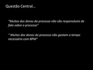Questão Central…


 “Muitos dos donos do processo não são responsáveis de
 fato sobre o processo”

 “ Muitos dos donos do processo não gastam o tempo
 necessário com BPM”
 