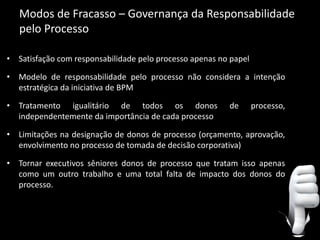 Modos de Fracasso – Governança da Responsabilidade
   pelo Processo

• Satisfação com responsabilidade pelo processo apenas no papel

• Modelo de responsabilidade pelo processo não considera a intenção
  estratégica da iniciativa de BPM

• Tratamento igualitário de todos os donos               de       processo,
  independentemente da importância de cada processo

• Limitações na designação de donos de processo (orçamento, aprovação,
  envolvimento no processo de tomada de decisão corporativa)

• Tornar executivos sêniores donos de processo que tratam isso apenas
  como um outro trabalho e uma total falta de impacto dos donos do
  processo.
 