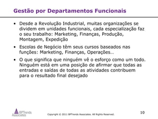 Gestão por Departamentos Funcionais

• Desde a Revolução Industrial, muitas organizações se
  dividem em unidades funcionais, cada especialização faz
  o seu trabalho: Marketing, Finanças, Produção,
  Montagem, Expedição
• Escolas de Negócio têm seus cursos baseados nas
  funções: Marketing, Finanças, Operações…
• O que significa que ninguém vê o esforço como um todo.
  Ninguém está em uma posição de afirmar que todas as
  entradas e saídas de todas as atividades contribuem
  para o resultado final desejado




              Copyright © 2011 BPTrends Associates. All Rights Reserved.
                                                                           10
 