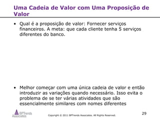 Uma Cadeia de Valor com Uma Proposição de
Valor
• Qual é a proposição de valor: Fornecer serviços
  financeiros. A meta: que cada cliente tenha 5 serviços
  diferentes do banco.




• Melhor começar com uma única cadeia de valor e então
  introduzir as variações quando necessário. Isso evita o
  problema de se ter várias atividades que são
  essencialmente similares com nomes diferentes

               Copyright © 2011 BPTrends Associates. All Rights Reserved.
                                                                            29
 