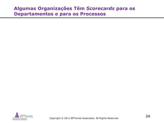 Algumas Organizações Têm Scorecards para os
Departamentos e para os Processos




            Copyright © 2011 BPTrends Associates. All Rights Reserved.
                                                                         34
 