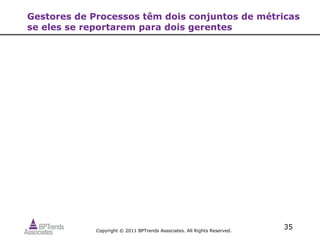 Gestores de Processos têm dois conjuntos de métricas
se eles se reportarem para dois gerentes




             Copyright © 2011 BPTrends Associates. All Rights Reserved.
                                                                          35
 