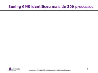 Boeing GMS identificou mais de 300 processos




          Copyright © 2011 BPTrends Associates. All Rights Reserved.
                                                                       51
 