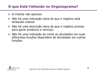 O que Está Faltando no Organograma?

• O Cliente não aparece
• Não há uma indicação clara do que o negócio está
  tentando realizar
• Não há uma descrição clara do que o negócio precisa
  para gerar produtos e serviços
• Não há uma indicação de como as atividades em suas
  diferentes funções dependem de atividades em outras
  funções




              Copyright © 2011 BPTrends Associates. All Rights Reserved.
                                                                           9
 