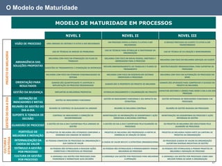 O Modelo de Maturidade

                                                        MODELO DE MATURIDADE EM PROCESSOS

                                                                  NIVEL I                                               NIVEL II                                             NIVEL III
                                                                                                           UM PROCESSO PONTA-A-PONTA É O ATIVO A SER            O SERVIÇO PRESTADO AO CLIENTE É O ATIVO A SER
                         VISÃO DE PROCESSO      UMA UNIDADE OU SISTEMA É O ATIVO A SER MELHORADO
                                                                                                                         MELHORADO                                             TRANSFORMADO

                                                                                                        USO DE TÉCNICAS PARA ESTIMULAR A CRIATIVIDADE DA
                                                     USO DE TÉCNICAS DE ANÁLISE DE PROBLEMAS                                                                   USO DE TÉCNICA DE CO-CRIAÇÃO E BENCHMARKING
  PROJETO DE MELHORIA




                                                                                                                          ORGANIZAÇÃO

                                                  MELHORIA COM FOCO EM OTIMIZAÇÃO DO FLUXO DE           MELHORIA COM FOCO EM NOVAS REGRAS, DIRETRIZES E
                                                                                                                                                            MELHORIA COM FOCO EM MELHORES SERVIÇOS AO CLIENTE
                                                                  TRABALHO                                       ABORDAGENS PARA O PROCESSO
                         ABRANGÊNCIA DAS
                        SOLUÇÕES PROPOSTAS                                                             MELHOR DIMENSIONAMENTO DO TRABALHO E PLANOS DE       REESTRUTURAÇÃO ORGANIZACIONAL PARA SUPORTAR OS
                                               SUGESTÕES DE TREINAMENTOS E OTIMIZAÇÃO DE INTERFACES
                                                                                                                        TREINAMENTO                                           PROCESSOS

                                                MELHORIA COM FOCO EM OTIMIZAR FUNCIONALIDADES DE          MELHORIA COM FOCO EM DESENVOLVER SISTEMAS         MELHORIA COM FOCO EM AUTOMAÇÃO DE PROCESSOS EM
                                                                    SISTEMA                                         ORIENTADOS A PROCESSOS                                       BPMS

                          ORIENTAÇÃO PARA            GANHOS SÃO QUANTIFICADOS P/ JUSTIFICAR A
                                                                                                        GANHOS SÃO O PROPÓSITO DO PROJETO DE MELHORIA
                                                                                                                                                           GANHOS SÃO APURADOS PARA COMPROVAR O SUCESSO DO
                            RESULTADOS                IMPLANTAÇÃO DO PROCESSO REDESENHADO                                                                                PROJETO DE MELHORIA

                                                                                                                                                           CAPACITAR GESTORES E LÍDERES PARA GERIR O DIA-A-DIA DOS
                        GESTÃO DA MUDANÇA               IMPLANTAR AS MELHORIAS PROPOSTAS               ESTIMULAR ENGAJAMENTO E COLABORAÇÃO NO PROJETO
                                                                                                                                                                                  PROCESSO
  GESTÃO DO DIA A DIA




                             DEFINIÇÃO DE               GESTÃO DE INDICADORES FUNCIONAIS
                                                                                                       GESTÃO DE INDICADORES FUNCIONAIS E SEU IMPACTO NA     GESTÃO INTEGRADA DE INDICADORES FUNCIONAIS E DE
                         INDICADORES E METAS                                                                              ESTRATÉGIA                                           PROCESSOS

                        REUNIÃO DE GESTÃO DO      REUNIÃO DE CONTROLE DE QUALIDADE DA UNIDADE                    REUNIÃO DE MELHORIA CONTÍNUA                    REUNIÃO DE GESTÃO BASEADA EM PROCESSOS
                               DIA-A-DIA
                        SUPORTE À TOMADA DE           CONTROLE DE INDICADORES E CORREÇÃO DE           MONITORAÇÃO DE INFORMAÇÕES DE DESEMPENHO E AÇÃO        MONITORAÇÃO DO DESEMPENHO DO PROCESSO E AÇÃO
                              DECISÃO                           INCONFORMIDADE                                ORIENTADA A MELHORIA CONTÍNUA                              INTEGRADA DE GESTÃO

                                                A GESTÃO DO DIA-A-DIA É SUPORTADA PELA UNIDADE DE     A GESTÃO DO DIA-A-DIA É SUPORTADO PELO GUARDIÃO DE       OS PROJETOS DE MELHORIA SÃO EXECUTADOS PELO
                        GUARDIÃO DE PROCESSO                          GESTÃO                                               PROCESSOS                                      GUARDIÃO DE PROCESSOS

                           PORTFÓLIO DE         OS PROJETOS DE MELHORIA SÃO ATENDIDOS CONFORME A        PROJETOS DE MELHORIA SÃO PRIORIZADOS A PARTIR DE     PROJETOS DE MELHORIA FAZEM PARTE DA CARTEIRA DE
                        MELHORIA E INOVAÇÃO              DEMANDA DAS UNIDADE DE NEGÓCIO                          DINÂMICAS DE CRIAÇÃO DE IDEIAS                          PROJETOS DA ORGANIZAÇÃO
ESTRATÉGIA
 CULTURA E




                         INTERNALIZAÇÃO DA     AS PESSOAS CONHECEM OS PROCESSOS DA ORGANIZAÇÃO E
                                                                                                 A CADEIA DE VALOR REFLETE A ESTRATÉGIA ORGANIZACIONAL
                                                                                                                                                              OS PROCESSOS (CADEIA DE VALOR) DA ORGANIZAÇÃO
                           CADEIA DE VALOR                    SUA CADEIA DE VALOR                                                                                 SUPORTAM DIVERSAS INICIATIVAS DE GESTÃO

                         ESTÍMULO A GESTÃO         AS PESSOAS SÃO ESTIMULADAS A REALIZAR AÇÕES        AS PESSOAS SÃO ESTIMULADAS A PERIODICAMENTE PENSAR     AS PESSOAS SÃO ESTIMULADAS A PENSAR PROJETOS DE
                            POR PROCESSO               CORRETIVAS E PREVENTIVAS DE PROCESSO                          MELHORIAS DE PROCESSO                           MELHORIA E INOVAÇÃO DE PROCESSO

                         CULTURA DE GESTÃO          A LIDERANÇA USA GESTÃO POR PROCESSOS PARA         A LIDERANÇA USA GESTÃO POR PROCESSOS PARA MELHORAR     A LIDERANÇA USA GESTÃO POR PROCESSOS COMO UMA
                            POR PROCESSO              PADRONIZAR E NORMATIZAR SUAS DECISÕES                                A OPERAÇÃO                              MELHOR FORMA DE GERIR A ORGANIZAÇÃO
                                                                                                                                                                                                                47
 